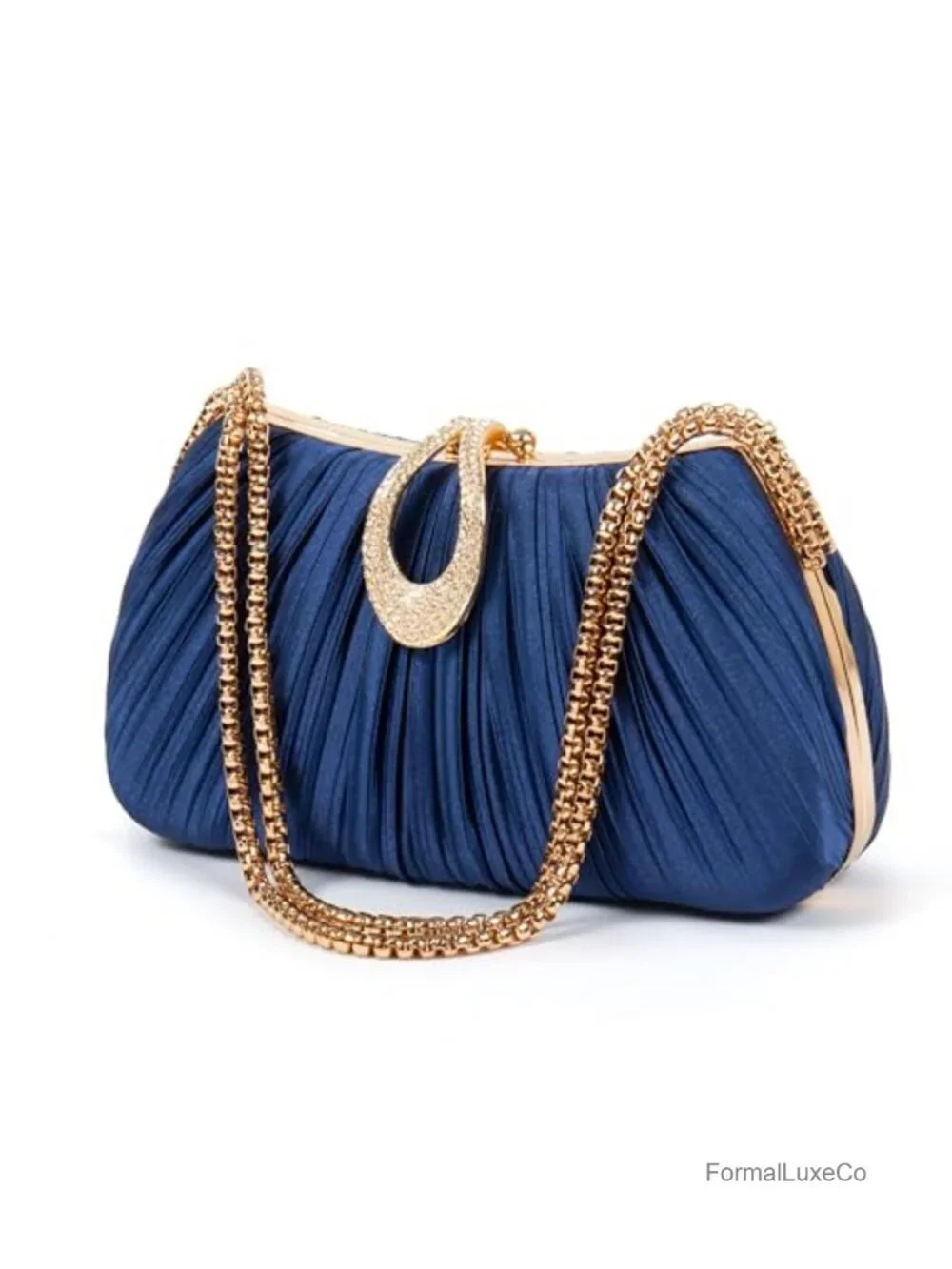 Pleated Satin Clutch Evening Bag with Rhinestone Clasp Detachable Chain Formal